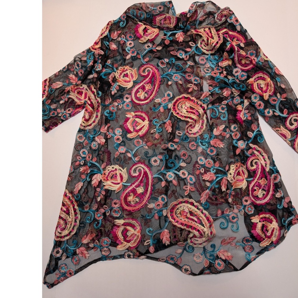 Yushi Womens Sheer Mesh Embroidered Paisley Floral Open Front Cardigan Black S/M